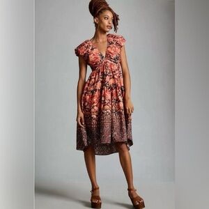 Anthropology Printed V-Neck Baby Doll Dress